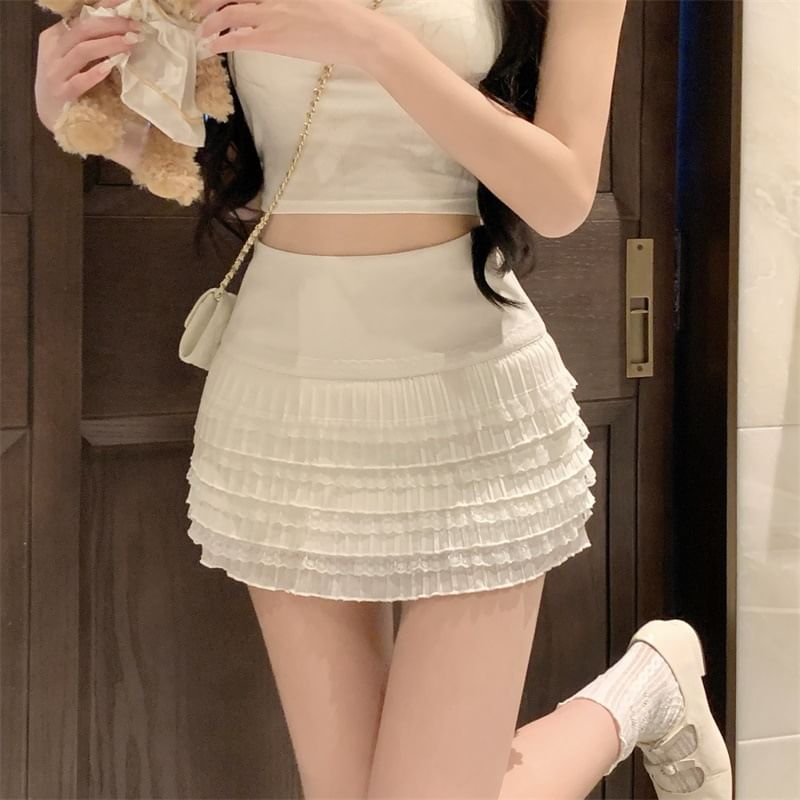 High Waist Plain Lace Trim Mini A-Line Skirt