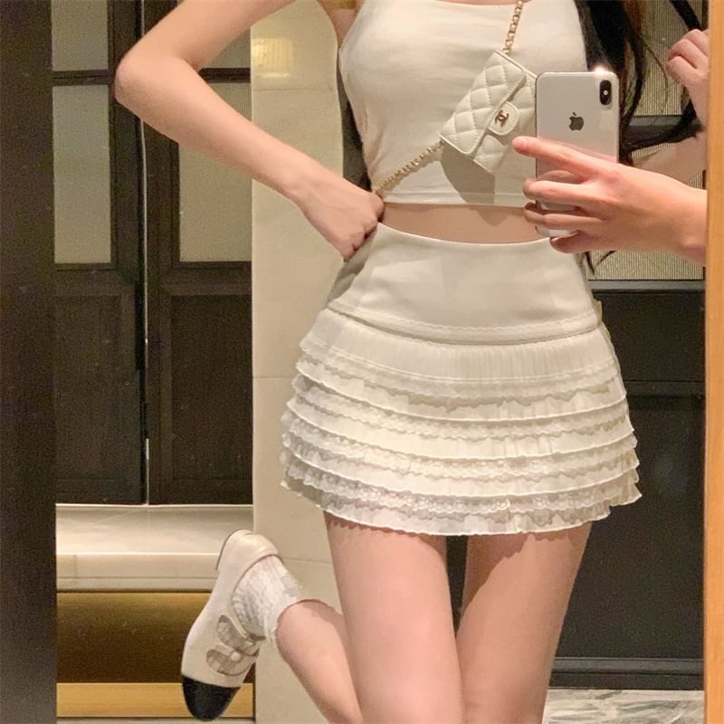 High Waist Plain Lace Trim Mini A-Line Skirt
