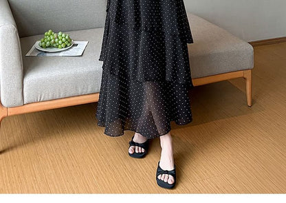 Mid Rise Dotted Maxi Tiered A-Line Skirt