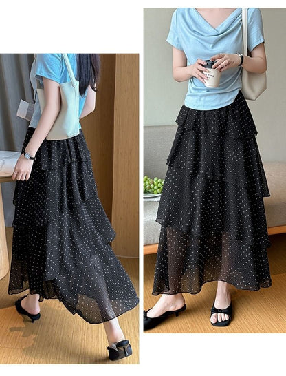 Mid Rise Dotted Maxi Tiered A-Line Skirt