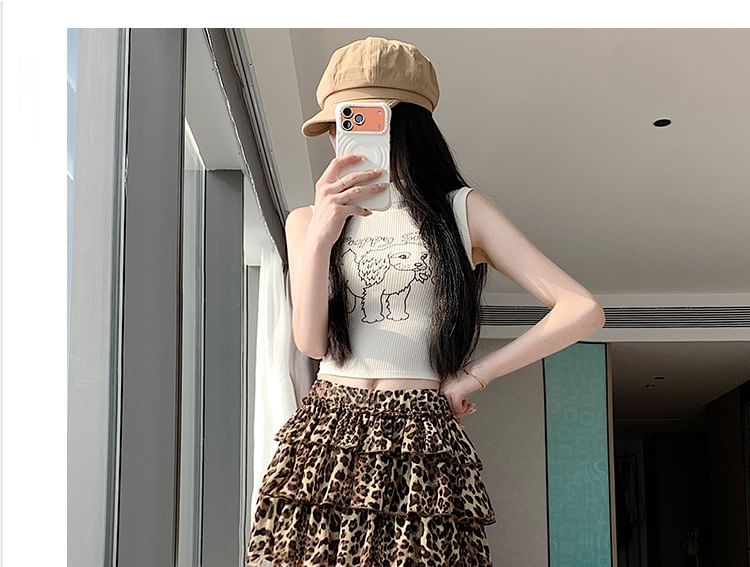 Mid Rise Leopard Print Mini Tiered Skirt