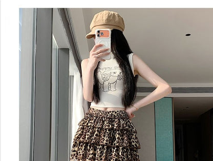 Mid Rise Leopard Print Mini Tiered Skirt