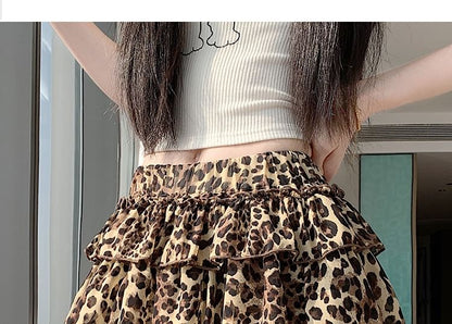 Mid Rise Leopard Print Mini Tiered Skirt