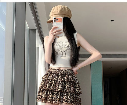 Mid Rise Leopard Print Mini Tiered Skirt