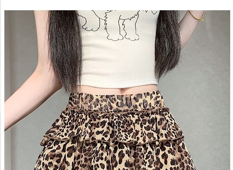 Mid Rise Leopard Print Mini Tiered Skirt