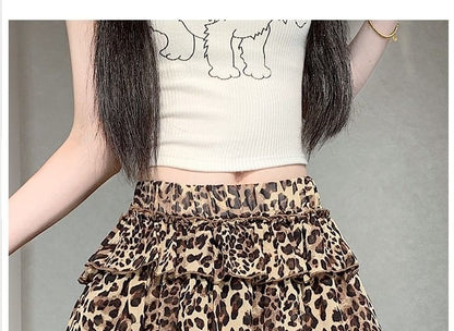 Mid Rise Leopard Print Mini Tiered Skirt