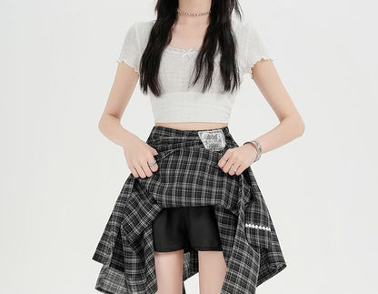 Mid Rise Tie Waist Plaid Mini A-Line Skirt