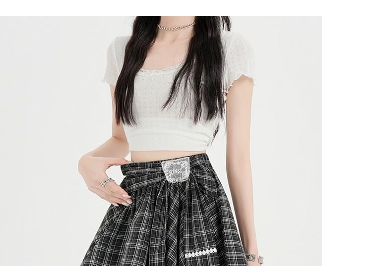 Mid Rise Tie Waist Plaid Mini A-Line Skirt
