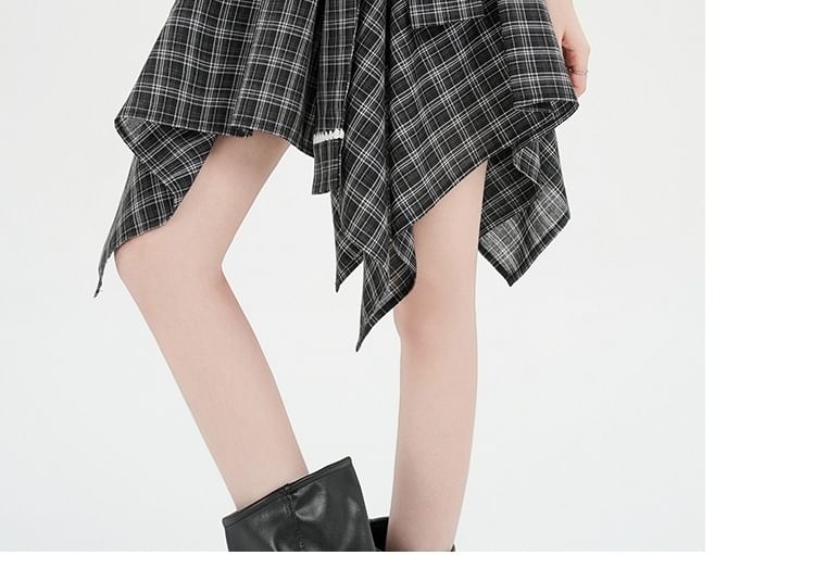 Mid Rise Tie Waist Plaid Mini A-Line Skirt