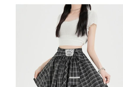 Mid Rise Tie Waist Plaid Mini A-Line Skirt