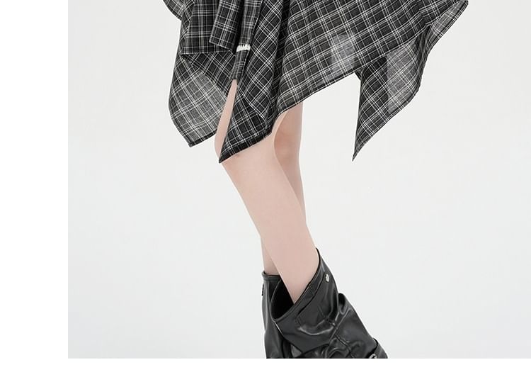 Mid Rise Tie Waist Plaid Mini A-Line Skirt