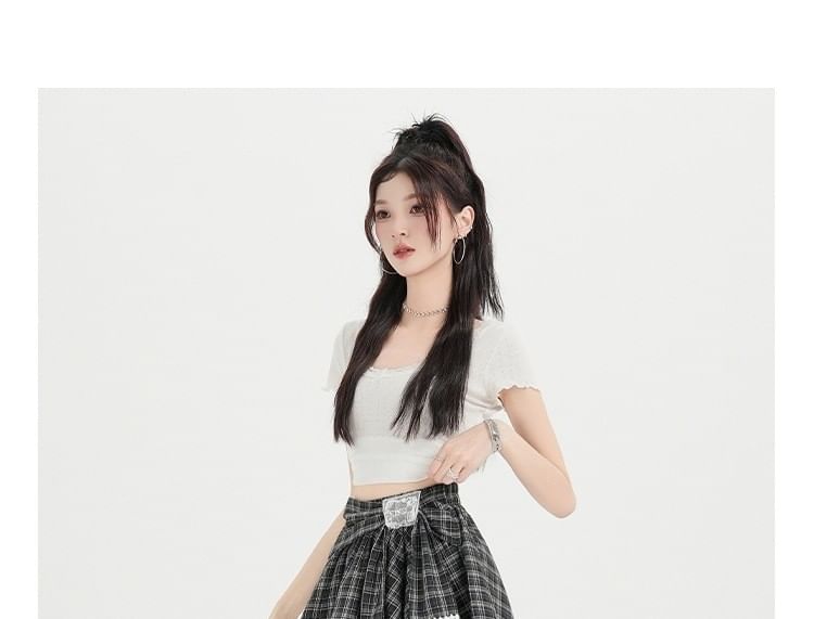 Mid Rise Tie Waist Plaid Mini A-Line Skirt