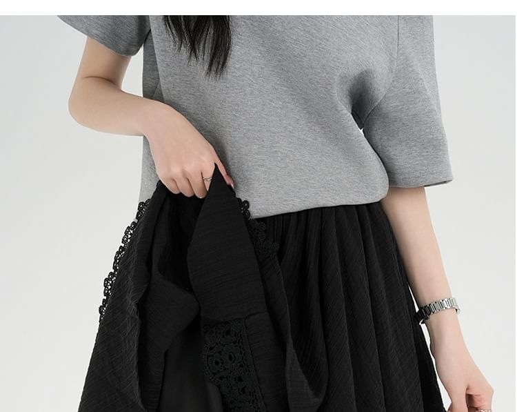 Mid Rise Plain Lace Trim Asymmetrical A-Line Skirt