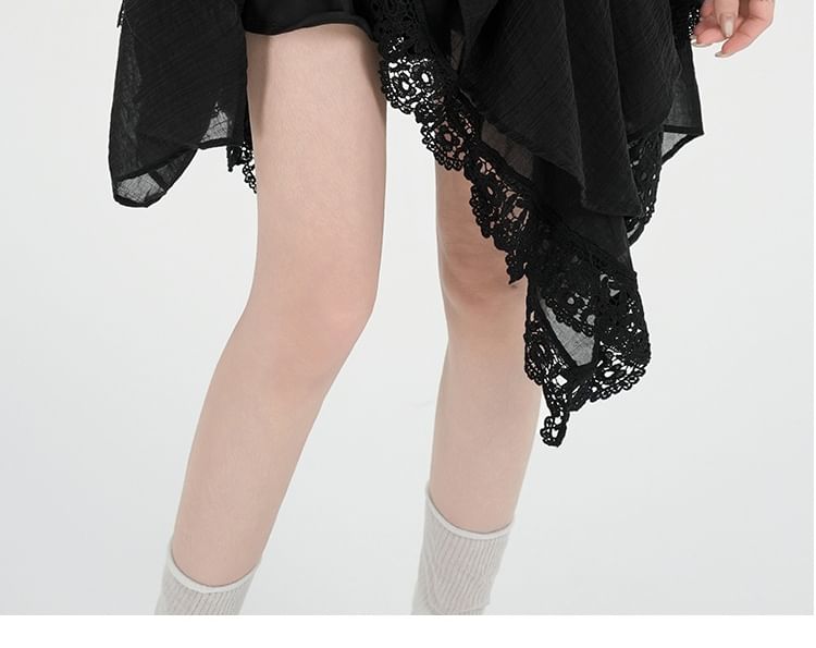 Mid Rise Plain Lace Trim Asymmetrical A-Line Skirt