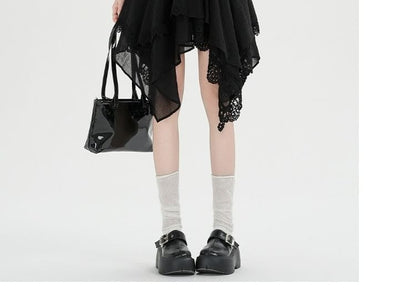 Mid Rise Plain Lace Trim Asymmetrical A-Line Skirt