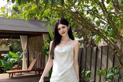 Spaghetti Strap Asymmetrical Lace Panel Dress