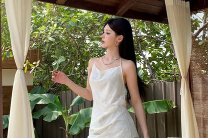 Spaghetti Strap Asymmetrical Lace Panel Dress