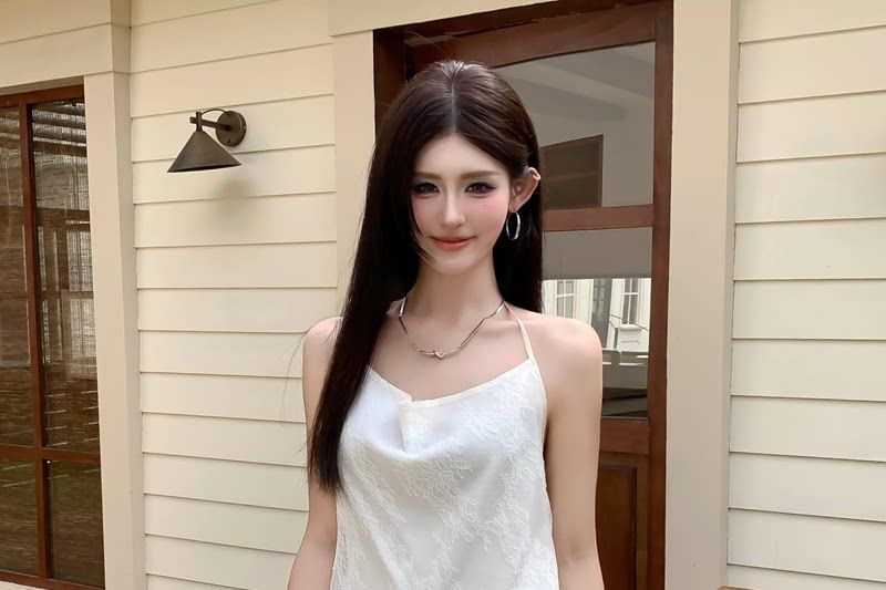 Spaghetti Strap Asymmetrical Lace Panel Dress