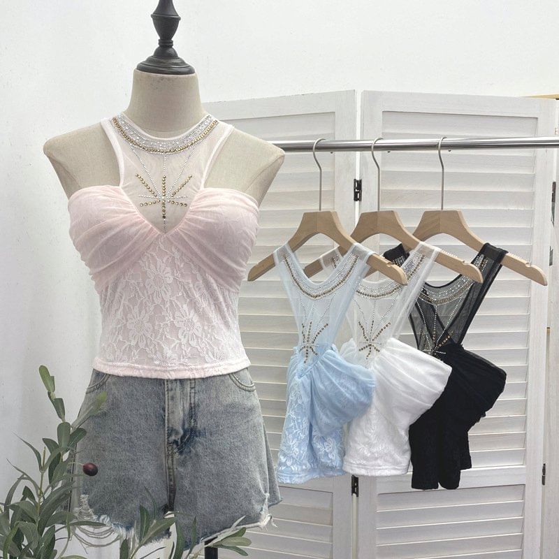 Sheer Panel Lace Halter Neck Camisole