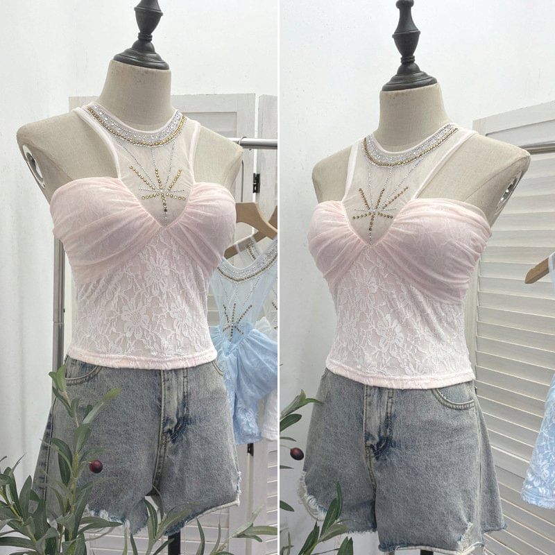 Sheer Panel Lace Halter Neck Camisole