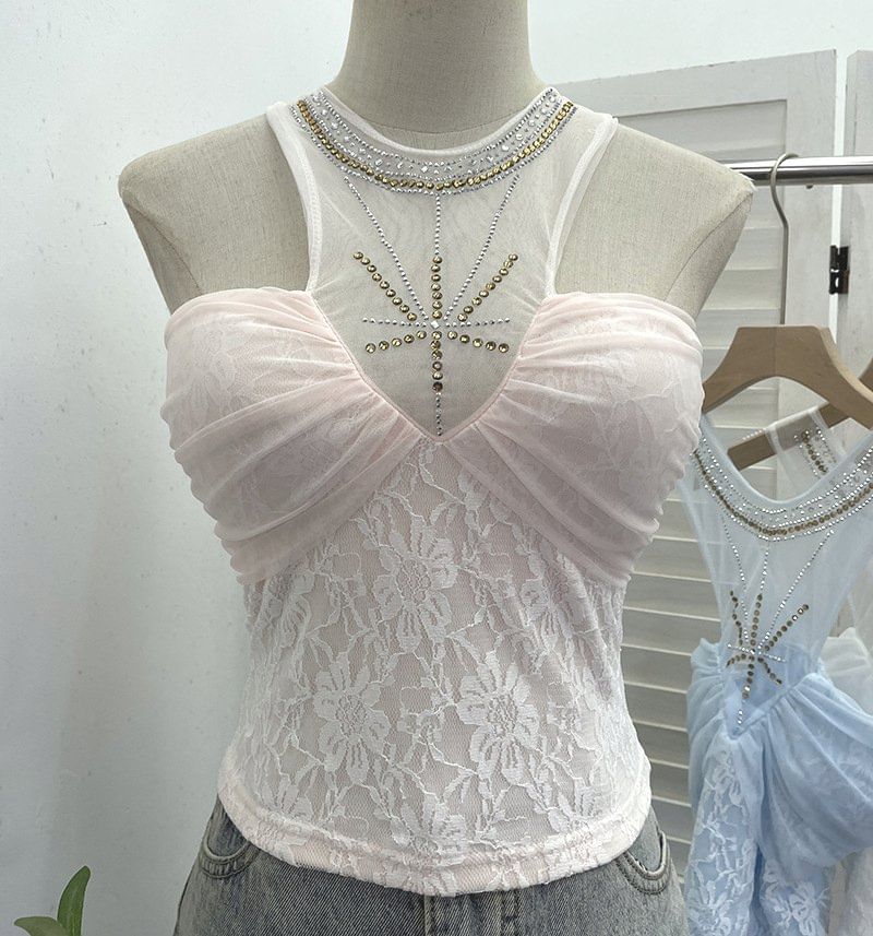 Sheer Panel Lace Halter Neck Camisole