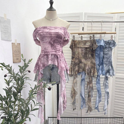 Tie-Dye Ruffle-Trim Strapless Tube Top