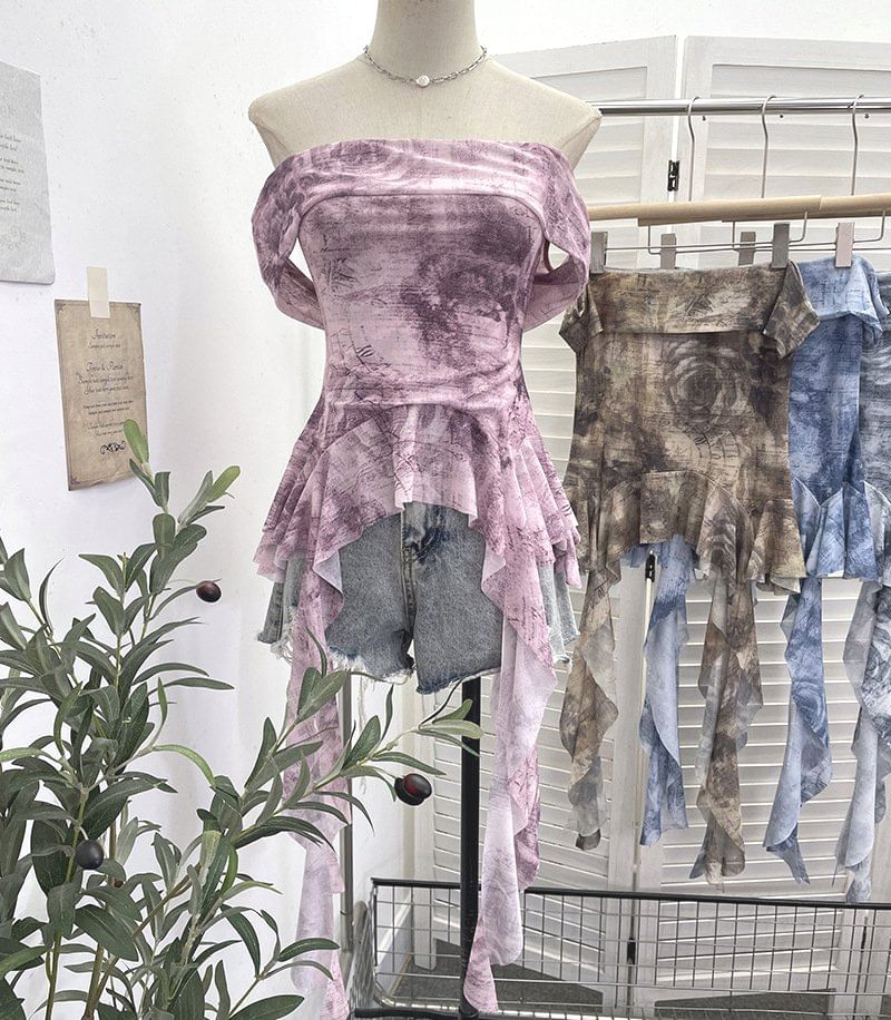 Tie-Dye Ruffle-Trim Strapless Tube Top