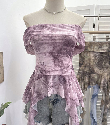 Tie-Dye Ruffle-Trim Strapless Tube Top