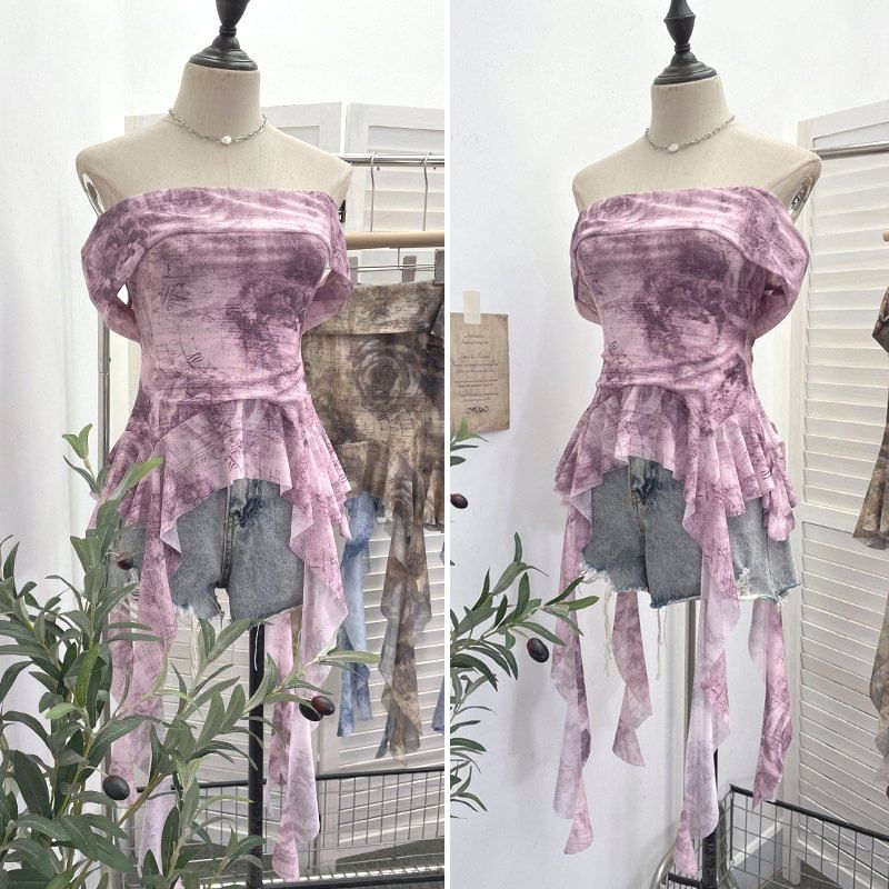 Tie-Dye Ruffle-Trim Strapless Tube Top