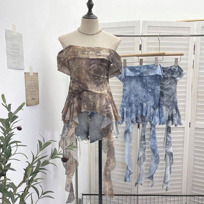 Tie-Dye Ruffle-Trim Strapless Tube Top