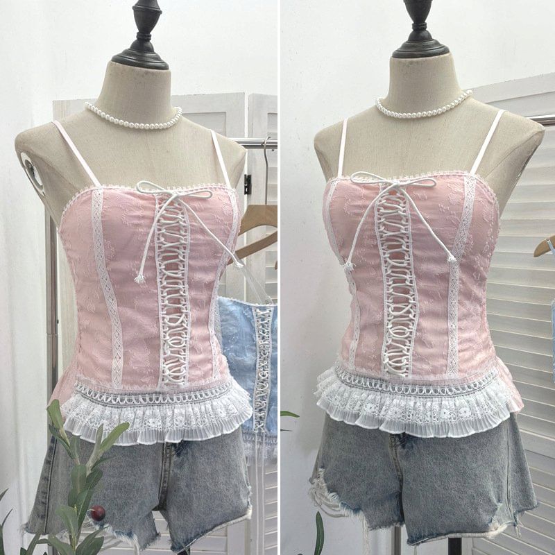 Lace-Trimmed Spaghetti Strap Camisole Top