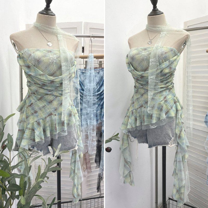 Plaid Lace Panel Ruffle-Trim Strapless Tube