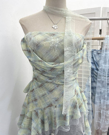 Plaid Lace Panel Ruffle-Trim Strapless Tube