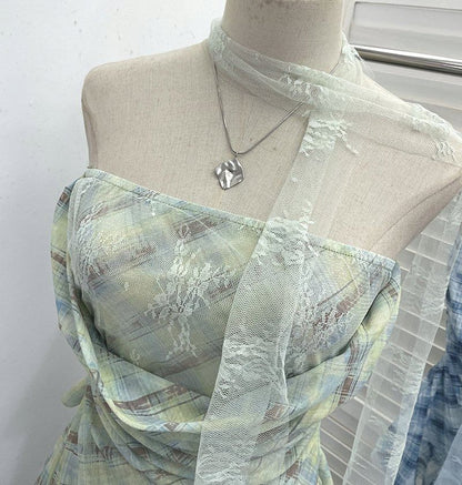 Plaid Lace Panel Ruffle-Trim Strapless Tube