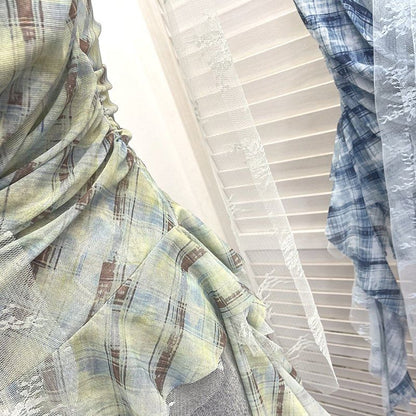 Plaid Lace Panel Ruffle-Trim Strapless Tube