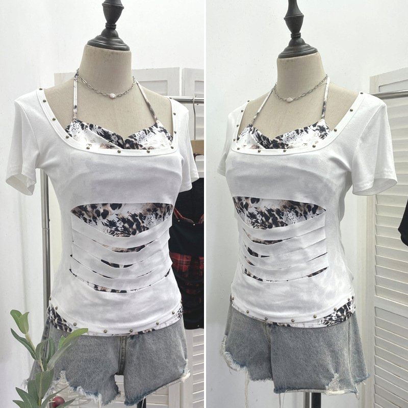 Cutout Cold-Shoulder Short-Sleeve Mock Layer Tee
