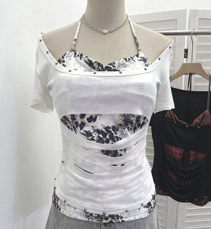 Cutout Cold-Shoulder Short-Sleeve Mock Layer Tee