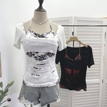 Cutout Cold-Shoulder Short-Sleeve Mock Layer Tee