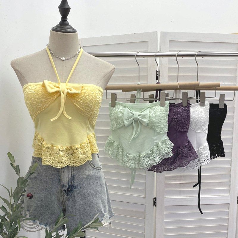 Lace-Trim Crop Halter Neck Camisole