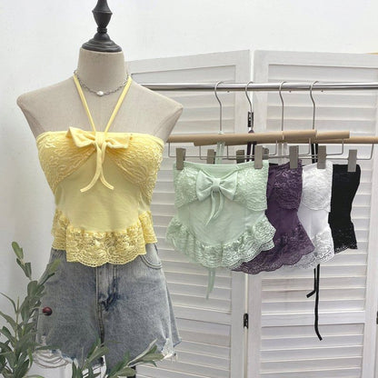 Lace-Trim Crop Halter Neck Camisole