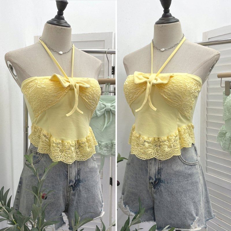 Lace-Trim Crop Halter Neck Camisole