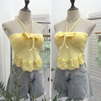 Lace-Trim Crop Halter Neck Camisole