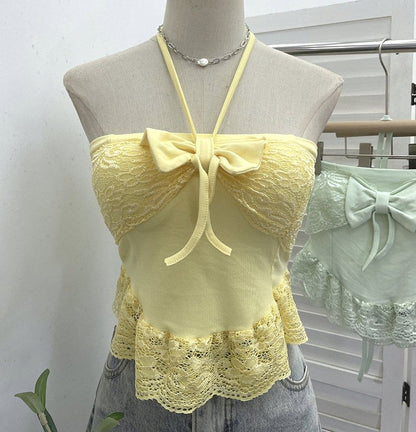 Lace-Trim Crop Halter Neck Camisole