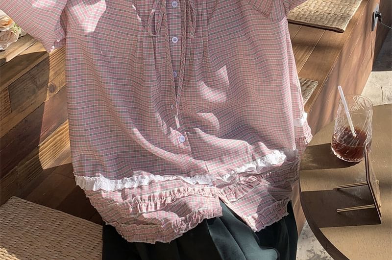 Long-Sleeve Plaid Lace Trim Shirt