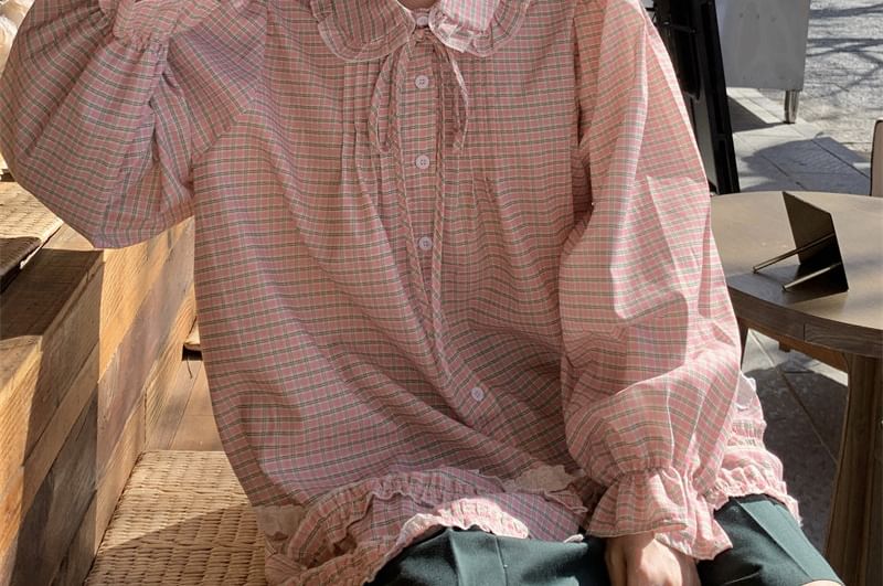 Long-Sleeve Plaid Lace Trim Shirt