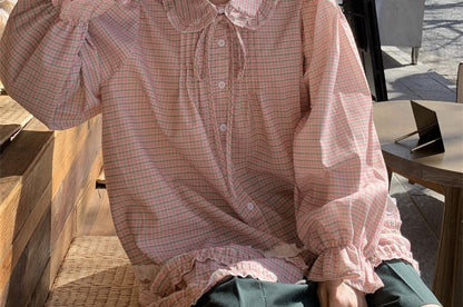 Long-Sleeve Plaid Lace Trim Shirt