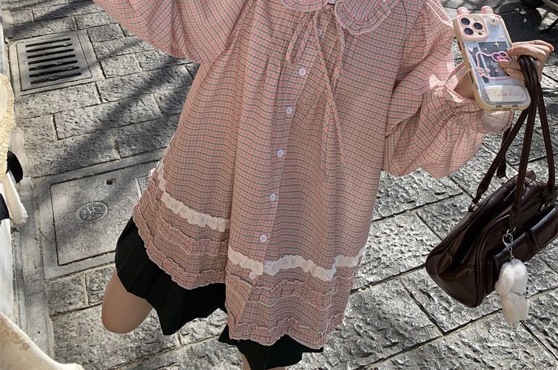 Long-Sleeve Plaid Lace Trim Shirt