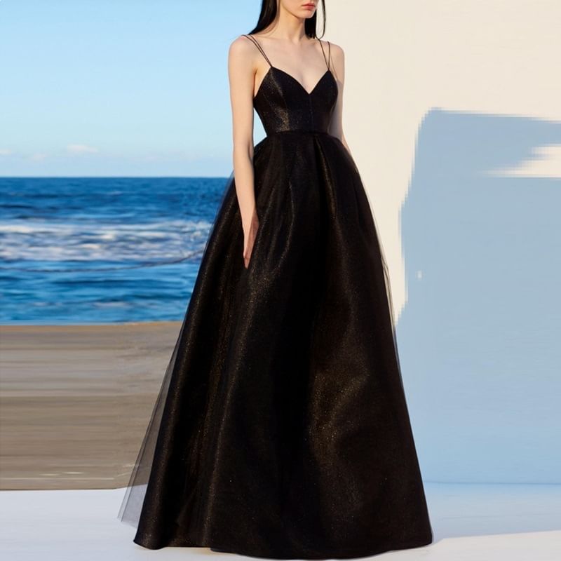 Spaghetti Strap V-Neck Plain A-Line Evening Gown