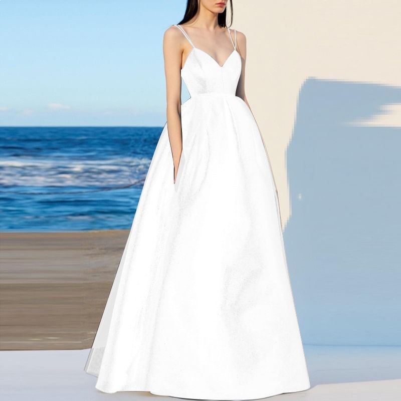 Spaghetti Strap V-Neck Plain A-Line Evening Gown
