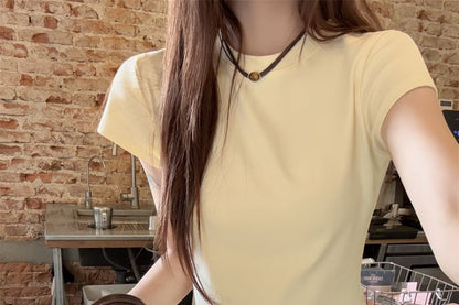 Ruffled Lace-Trim Cropped Crew Neck Tee